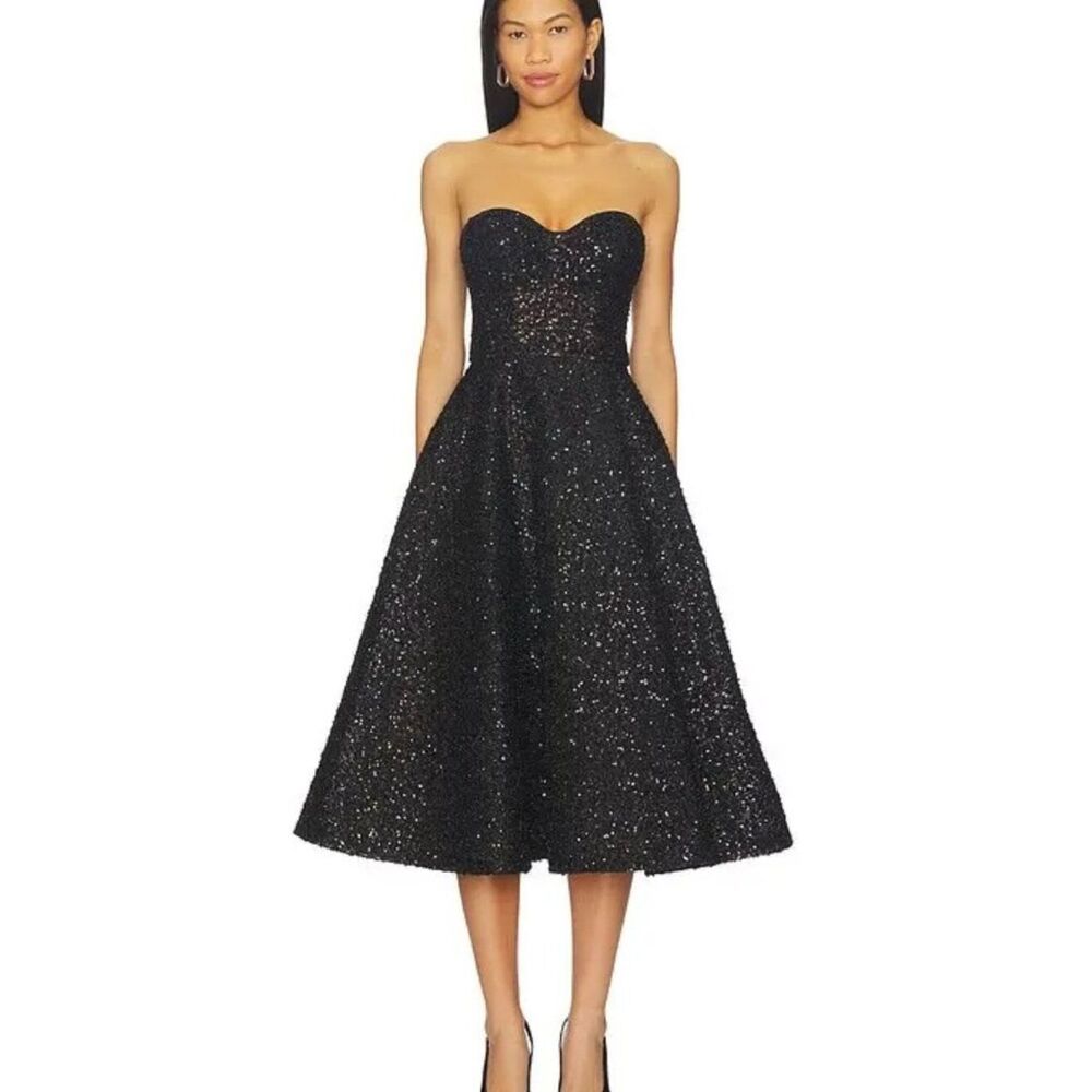 Nadine Merabi Marilyn Beaded Embellished Skater Midi Dress in black Size 10